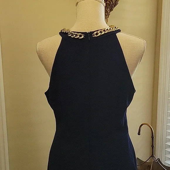 London Times navy blue sleeveless fit&flare dress silver metal neckchain 10 …EUC - Picture 4 of 7